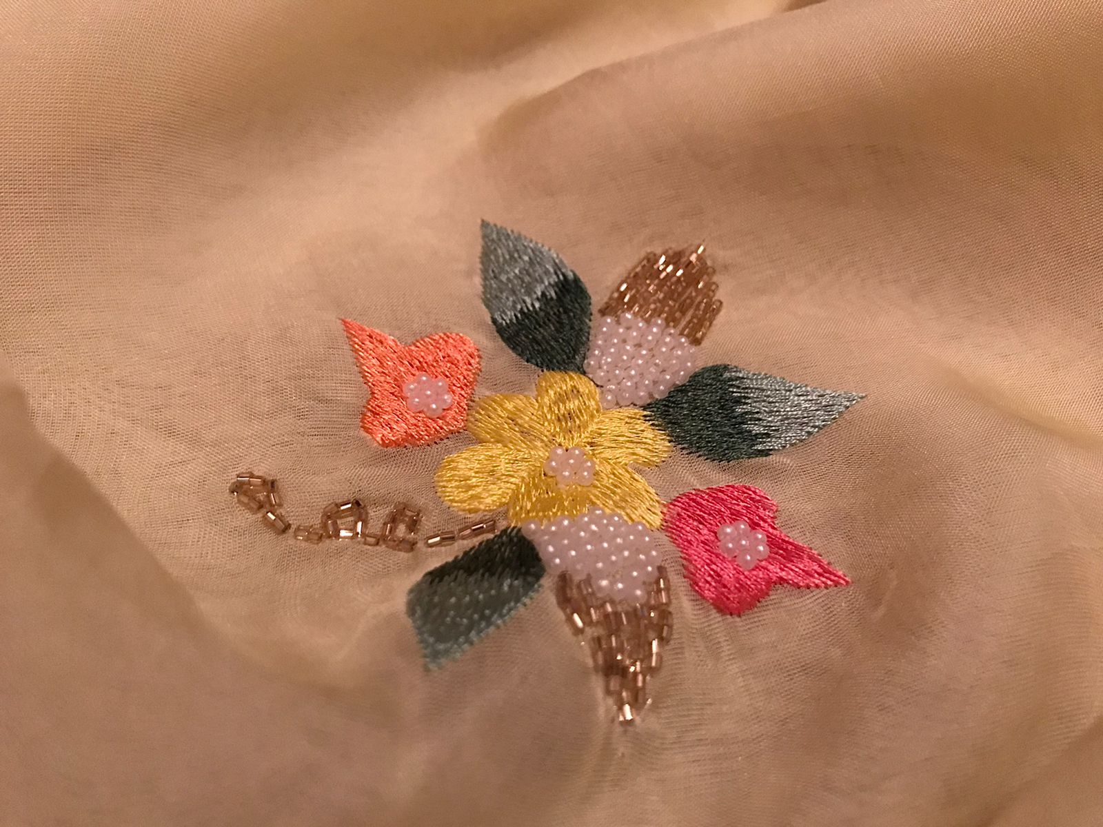 “Elegant Pastel Organza Silk Saree with Resham, Russian Silk & Pearl Detailing”