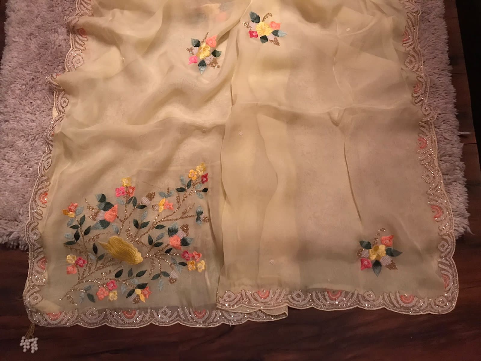 “Elegant Pastel Organza Silk Saree with Resham, Russian Silk & Pearl Detailing”