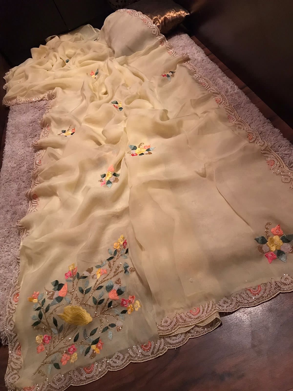 “Elegant Pastel Organza Silk Saree with Resham, Russian Silk & Pearl Detailing”