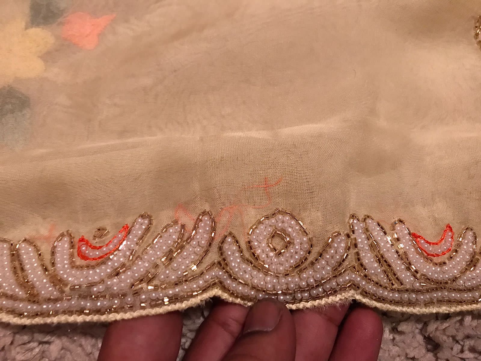 “Elegant Pastel Organza Silk Saree with Resham, Russian Silk & Pearl Detailing”