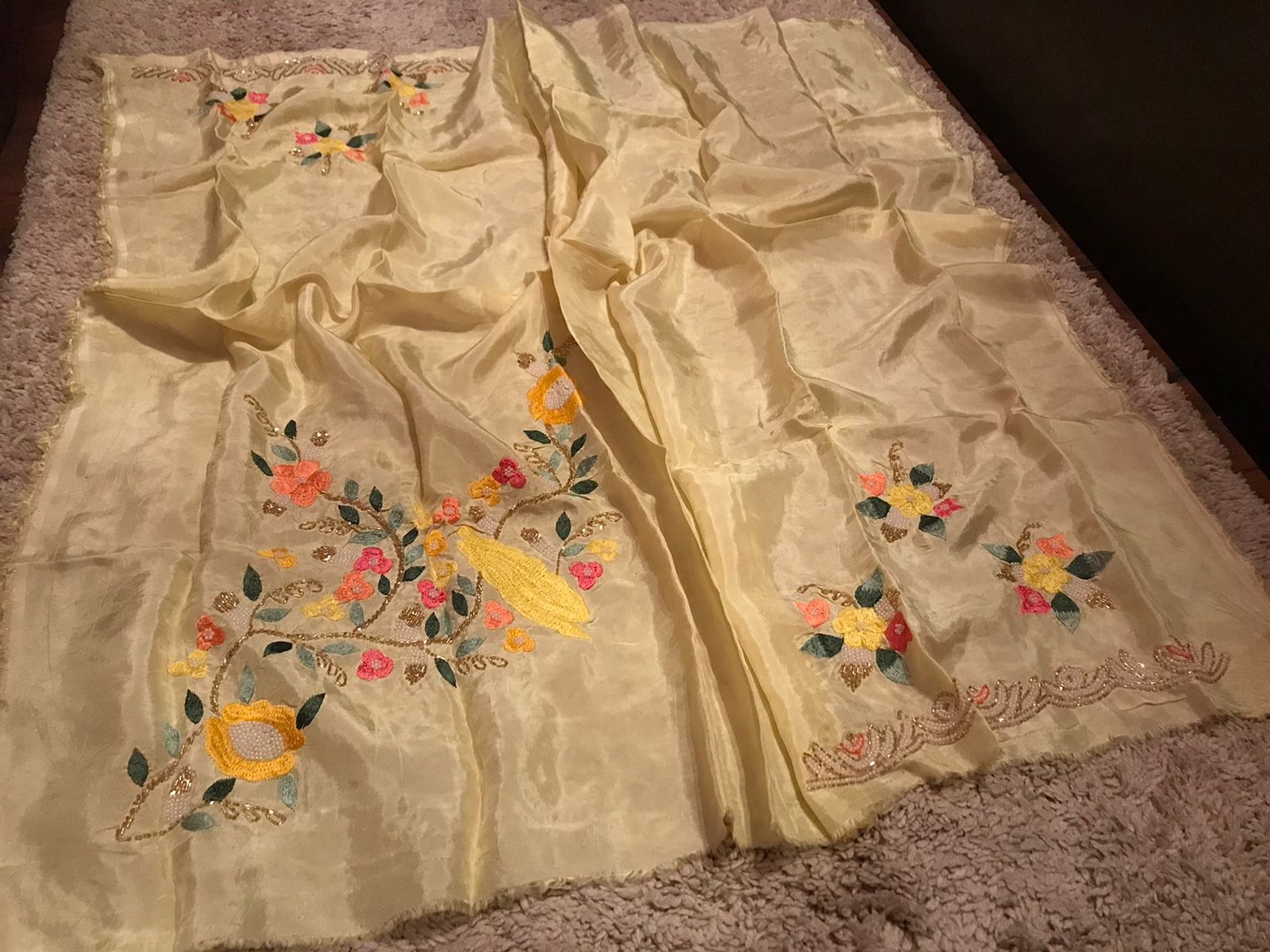 “Elegant Pastel Organza Silk Saree with Resham, Russian Silk & Pearl Detailing”