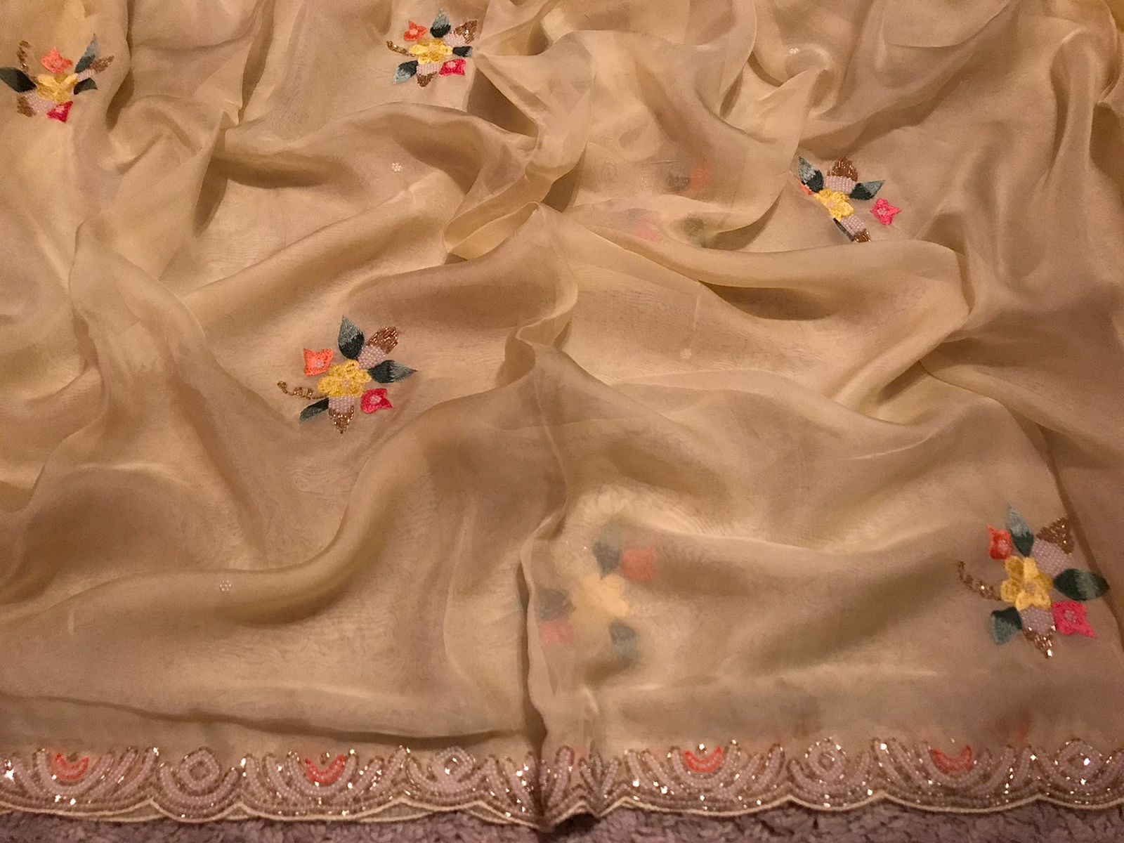 “Elegant Pastel Organza Silk Saree with Resham, Russian Silk & Pearl Detailing”