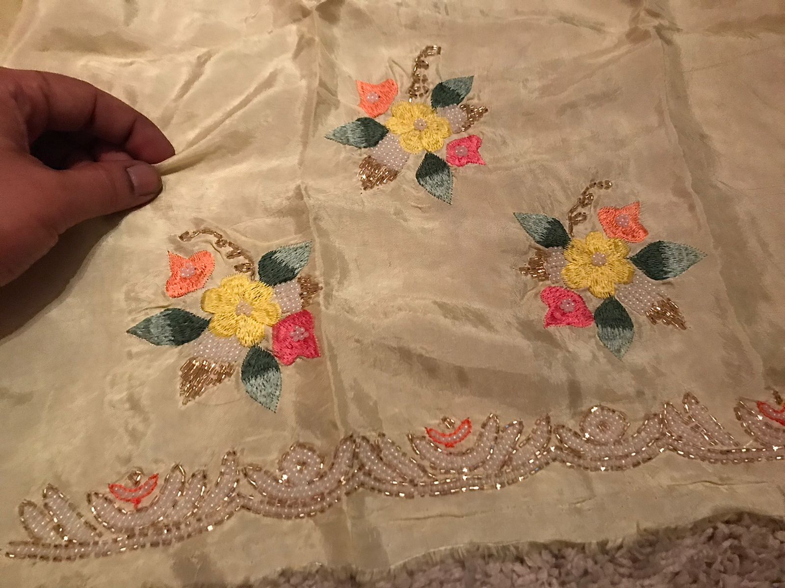 “Elegant Pastel Organza Silk Saree with Resham, Russian Silk & Pearl Detailing”