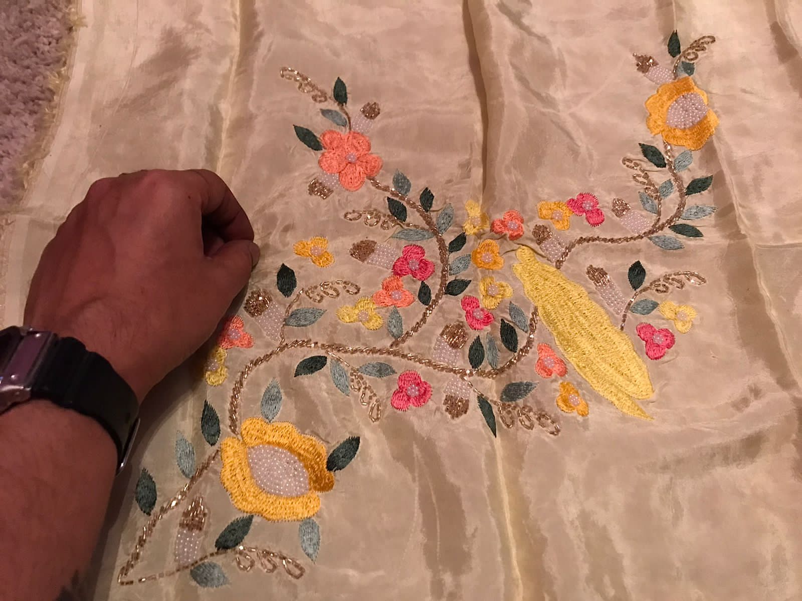 “Elegant Pastel Organza Silk Saree with Resham, Russian Silk & Pearl Detailing”