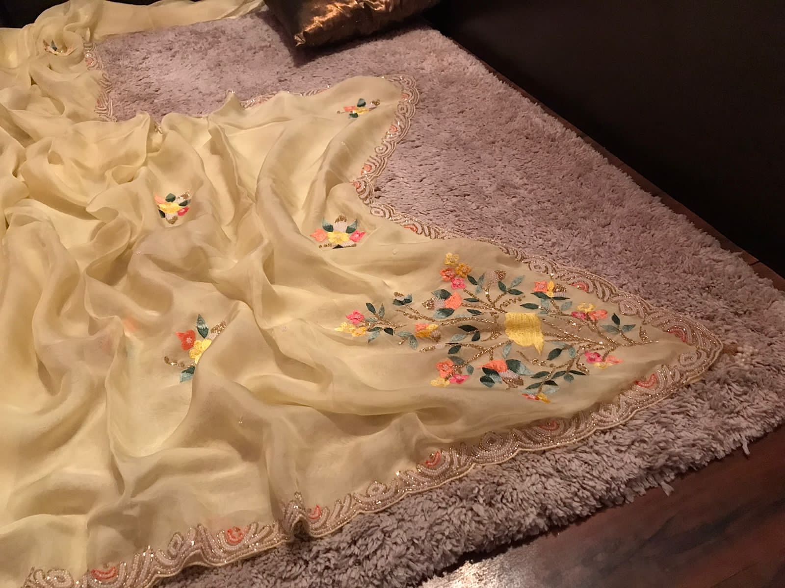 “Elegant Pastel Organza Silk Saree with Resham, Russian Silk & Pearl Detailing”