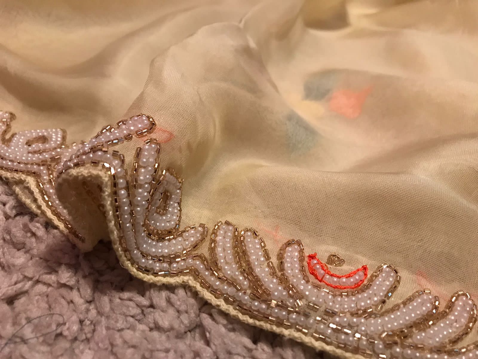 “Elegant Pastel Organza Silk Saree with Resham, Russian Silk & Pearl Detailing”