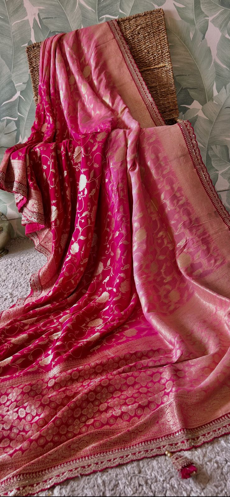 Radiant Pure Banarasi Khaddi Georgette Silk Saree with Zari Jaal & Designer Lace Border