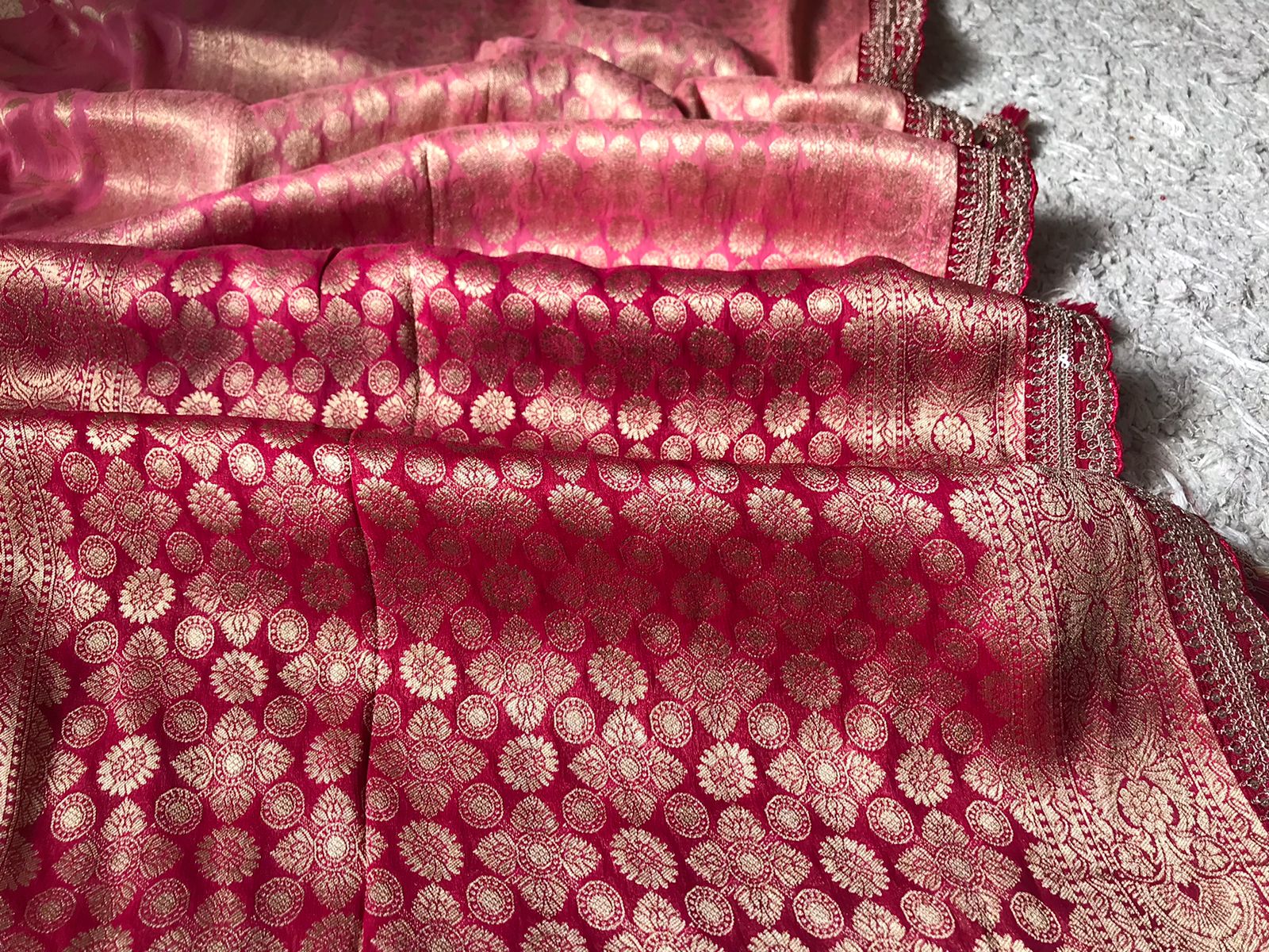 Radiant Pure Banarasi Khaddi Georgette Silk Saree with Zari Jaal & Designer Lace Border
