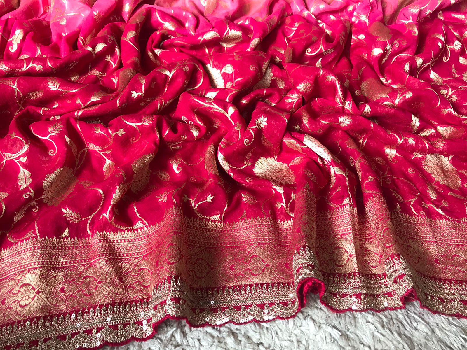 Radiant Pure Banarasi Khaddi Georgette Silk Saree with Zari Jaal & Designer Lace Border