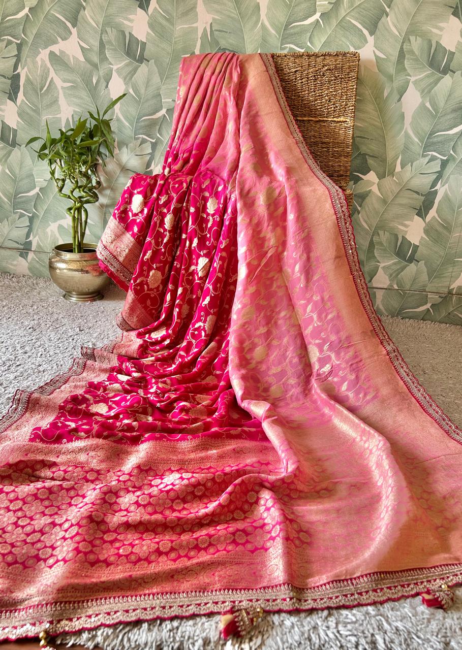 Radiant Pure Banarasi Khaddi Georgette Silk Saree with Zari Jaal & Designer Lace Border