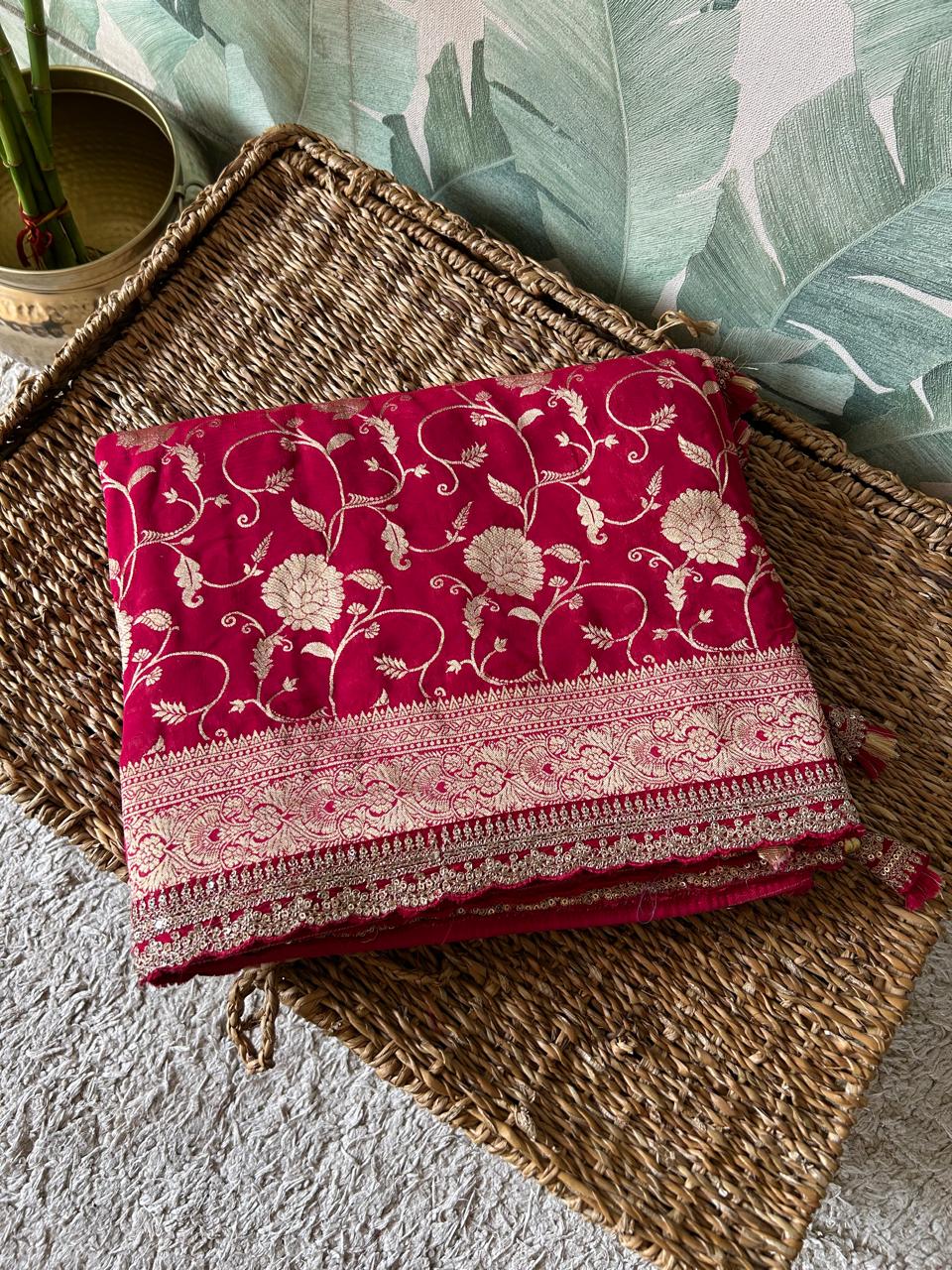 Radiant Pure Banarasi Khaddi Georgette Silk Saree with Zari Jaal & Designer Lace Border