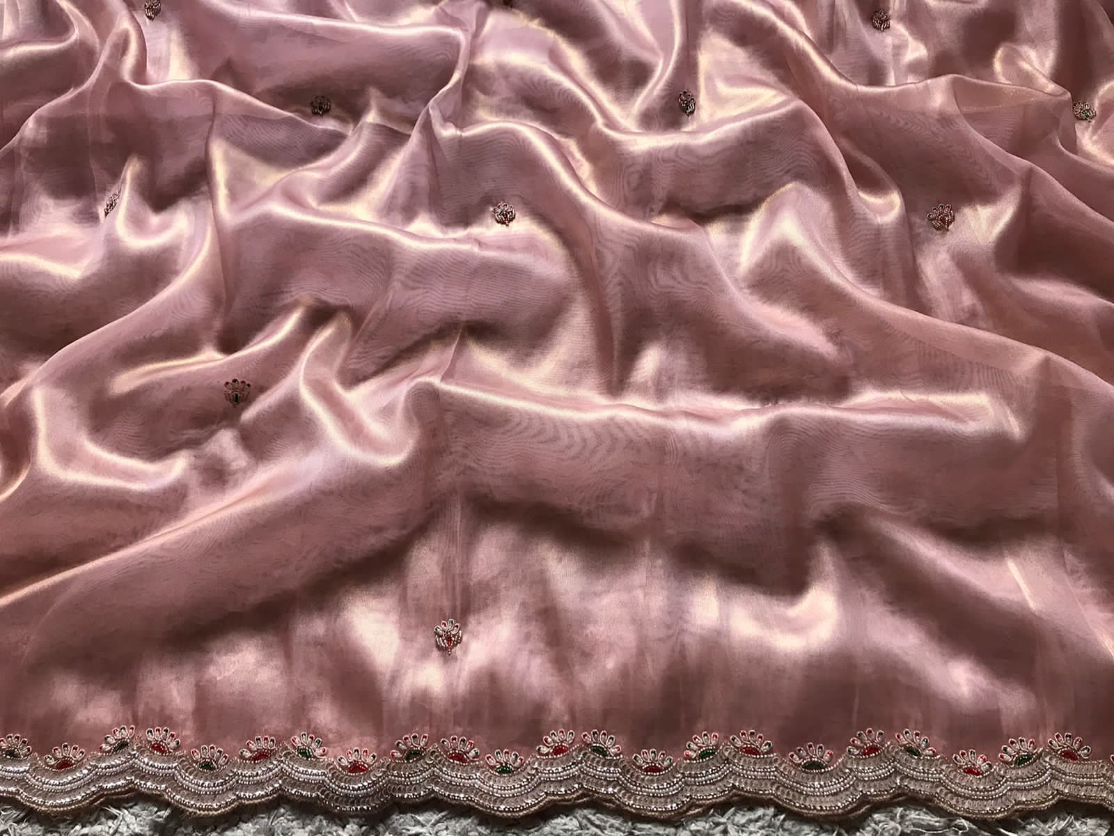 Premium Pure Shimmer Tissue Silk Saree with Intricate Zardozi & Butties Handwork