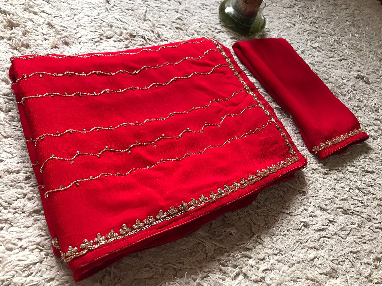 Gorgeous Red Premium Pure Chinnon Silk Saree with Stone Cut Daana & Running Handwork
