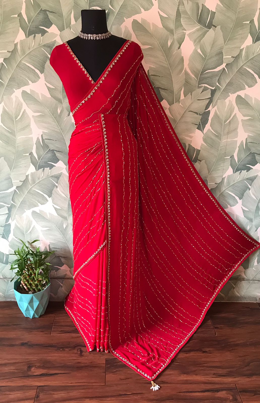 Gorgeous Red Premium Pure Chinnon Silk Saree with Stone Cut Daana & Running Handwork