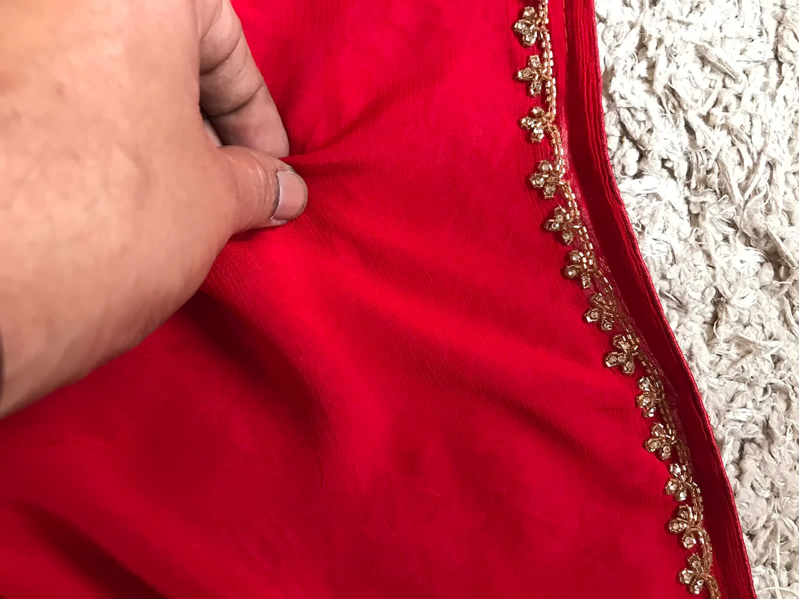 Gorgeous Red Premium Pure Chinnon Silk Saree with Stone Cut Daana & Running Handwork