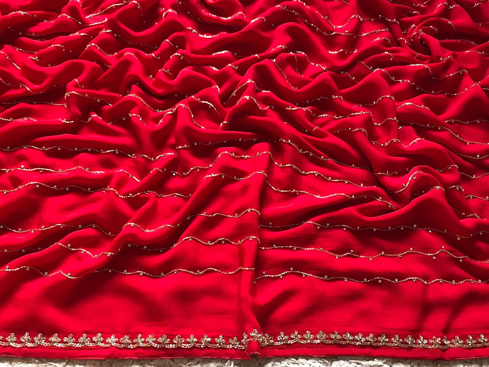 Gorgeous Red Premium Pure Chinnon Silk Saree with Stone Cut Daana & Running Handwork