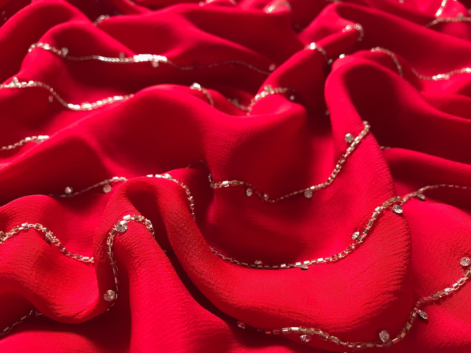 Gorgeous Red Premium Pure Chinnon Silk Saree with Stone Cut Daana & Running Handwork