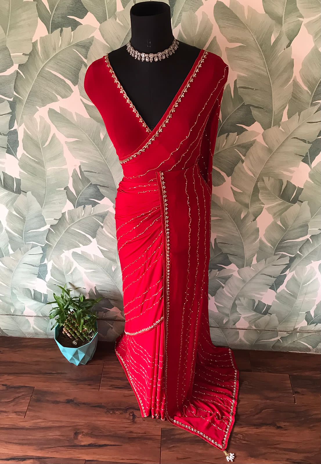 Gorgeous Red Premium Pure Chinnon Silk Saree with Stone Cut Daana & Running Handwork