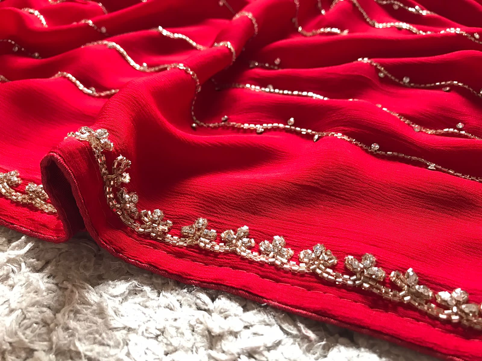 Gorgeous Red Premium Pure Chinnon Silk Saree with Stone Cut Daana & Running Handwork