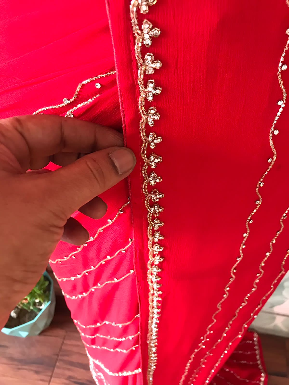 Gorgeous Red Premium Pure Chinnon Silk Saree with Stone Cut Daana & Running Handwork