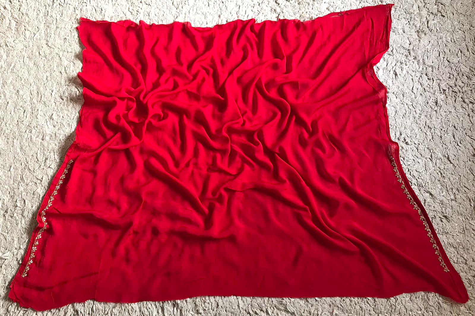 Gorgeous Red Premium Pure Chinnon Silk Saree with Stone Cut Daana & Running Handwork