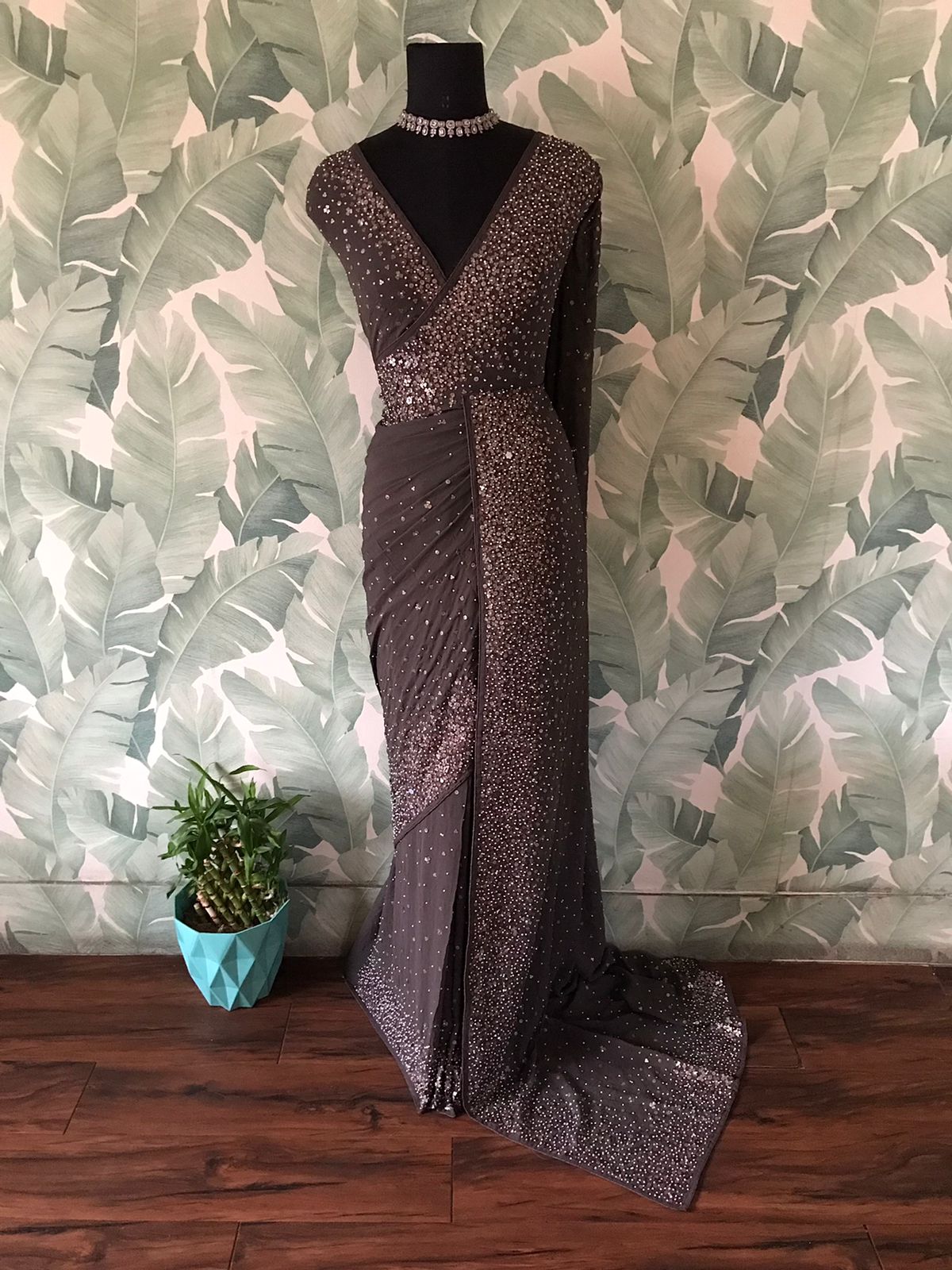 Premium Pure Chinnon Saree with Pearl Sequins & Running Handwork
