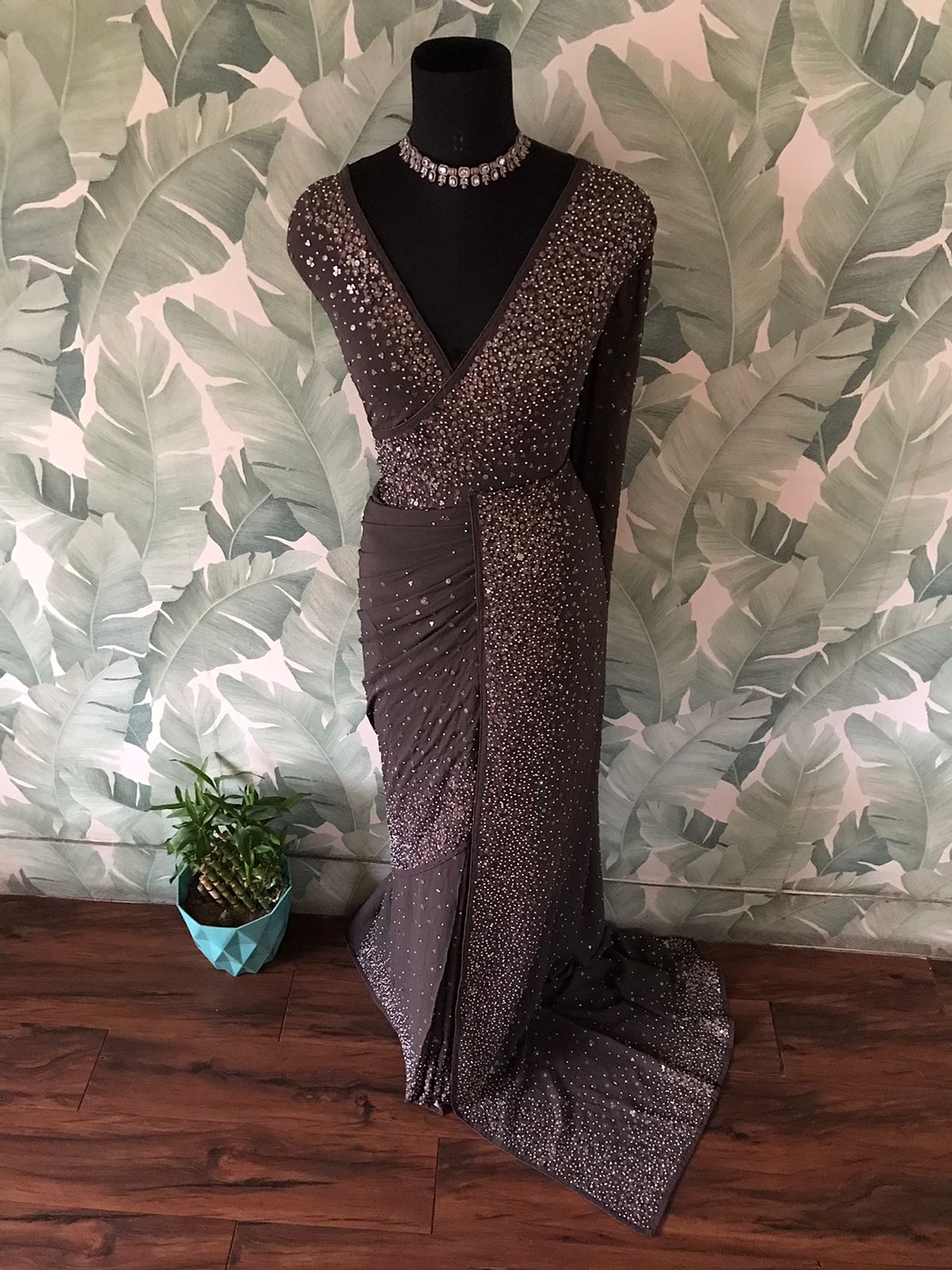 Premium Pure Chinnon Saree with Pearl Sequins & Running Handwork
