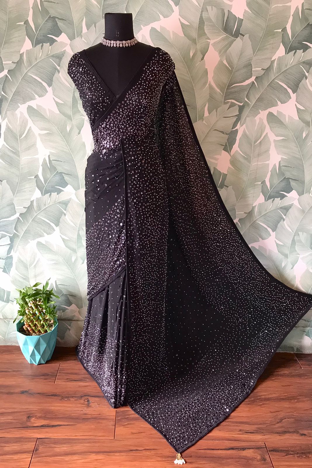 Premium Pure Chinnon Saree with Pearl Sequins & Running Handwork