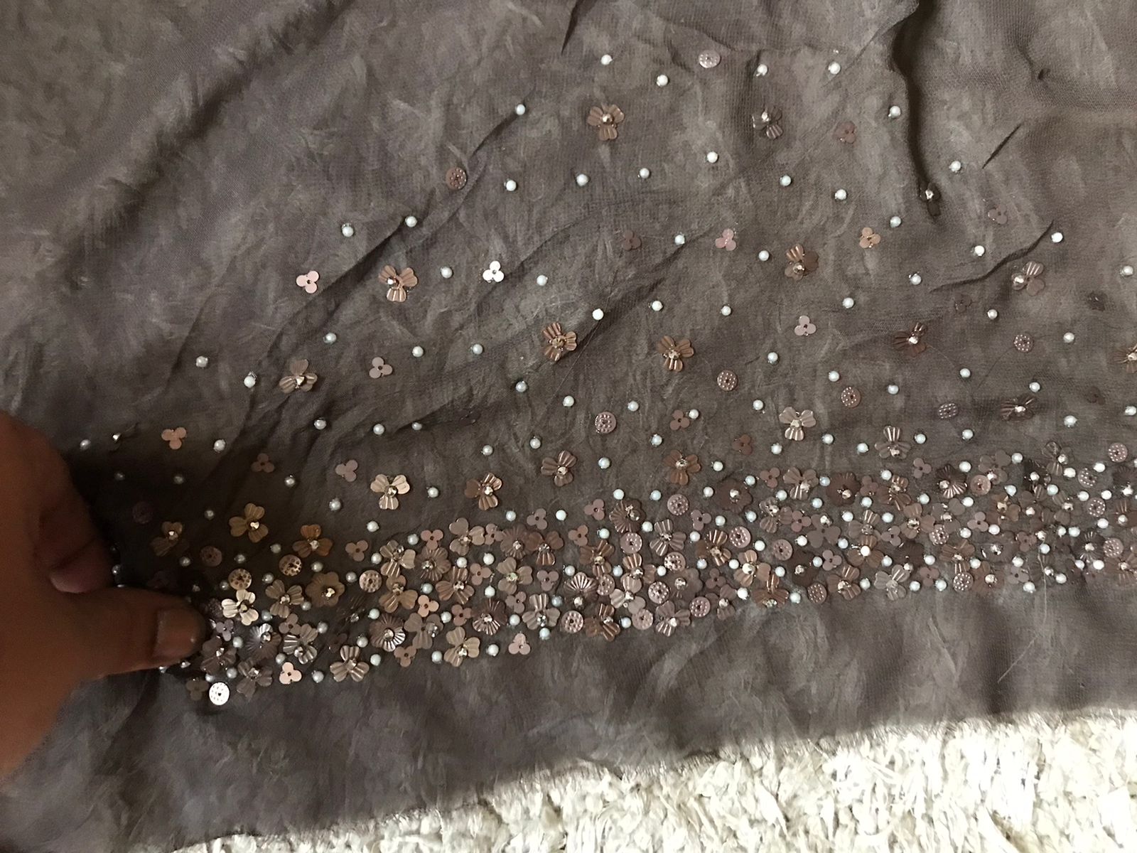 Premium Pure Chinnon Saree with Pearl Sequins & Running Handwork