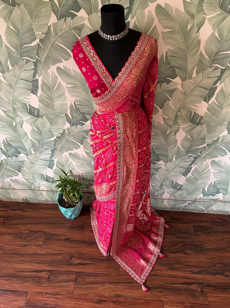 Rani Pink Premium Pure Banarasi Khaddi Georgette Silk Bandhani Saree