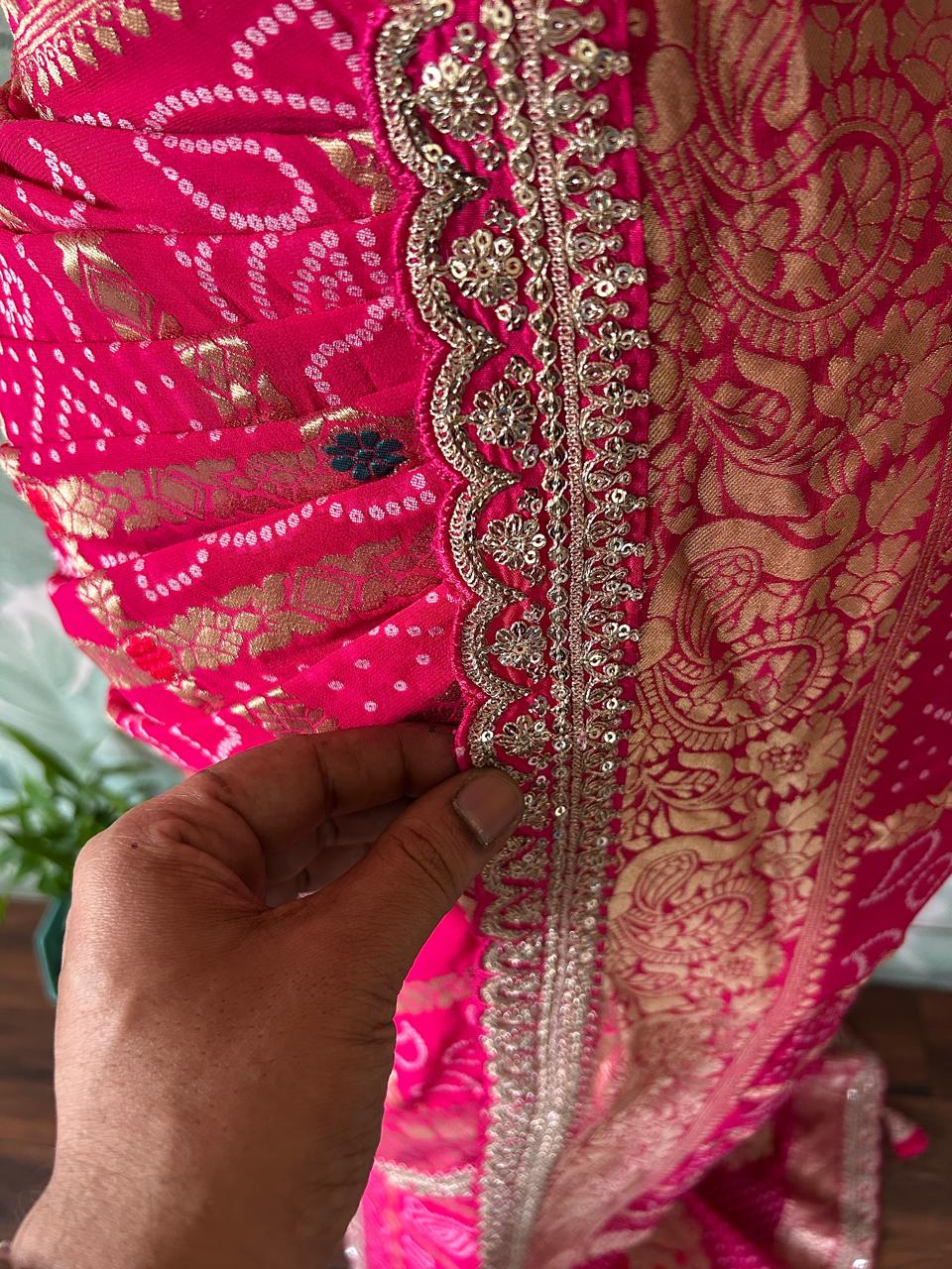 Rani Pink Premium Pure Banarasi Khaddi Georgette Silk Bandhani Saree