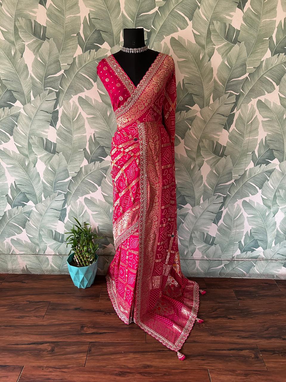 Rani Pink Premium Pure Banarasi Khaddi Georgette Silk Bandhani Saree