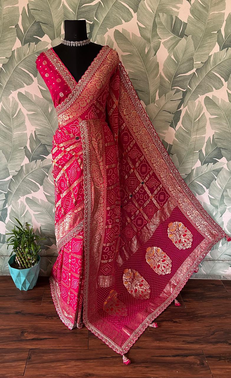 Rani Pink Premium Pure Banarasi Khaddi Georgette Silk Bandhani Saree