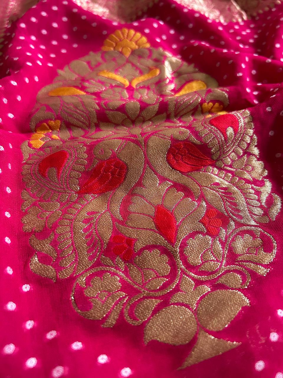 Rani Pink Premium Pure Banarasi Khaddi Georgette Silk Bandhani Saree