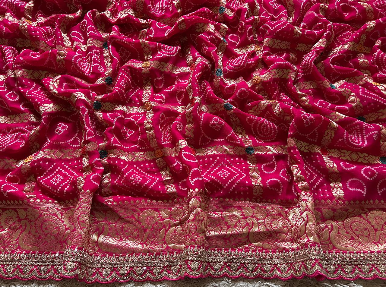 Rani Pink Premium Pure Banarasi Khaddi Georgette Silk Bandhani Saree