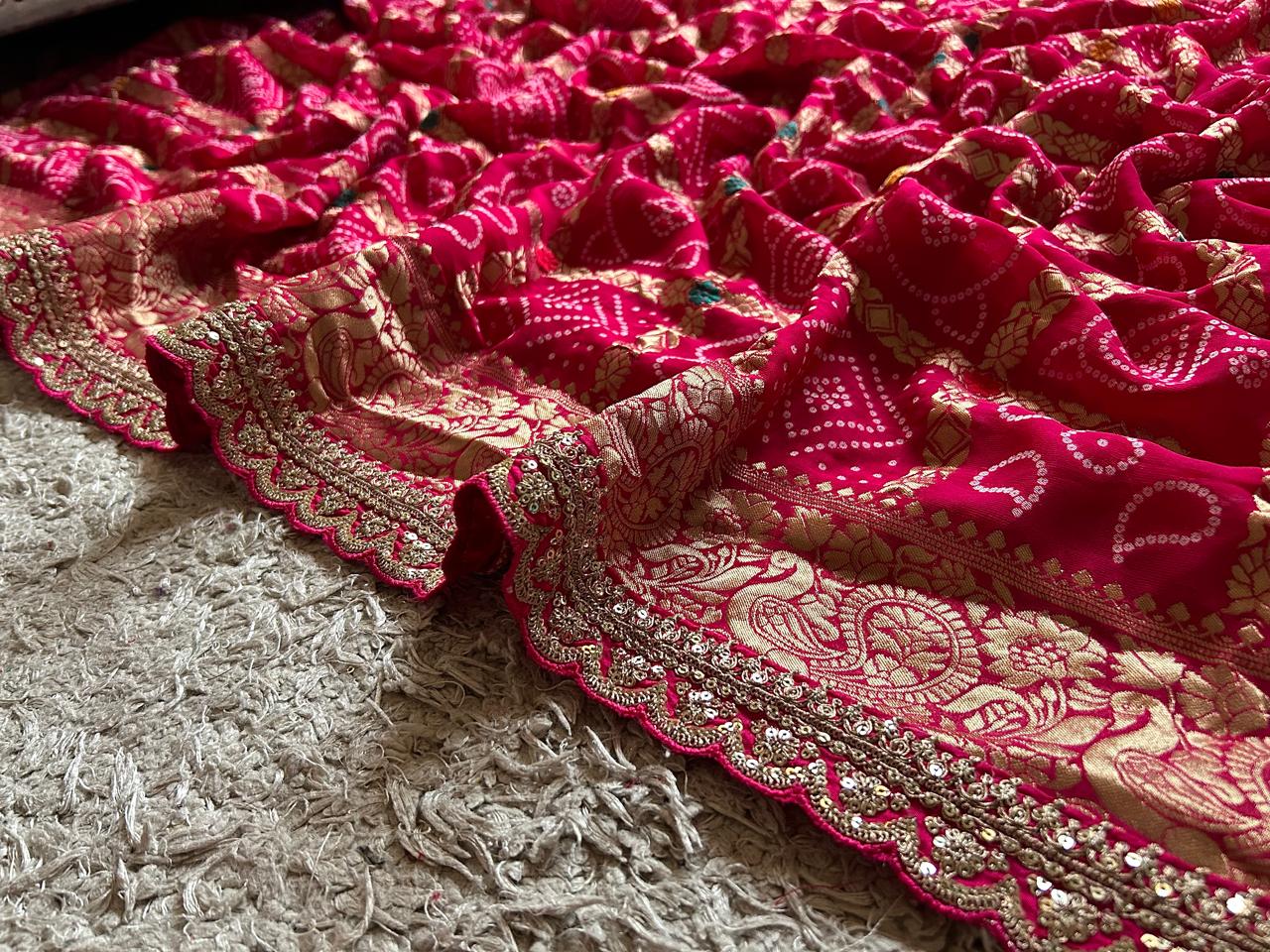 Rani Pink Premium Pure Banarasi Khaddi Georgette Silk Bandhani Saree