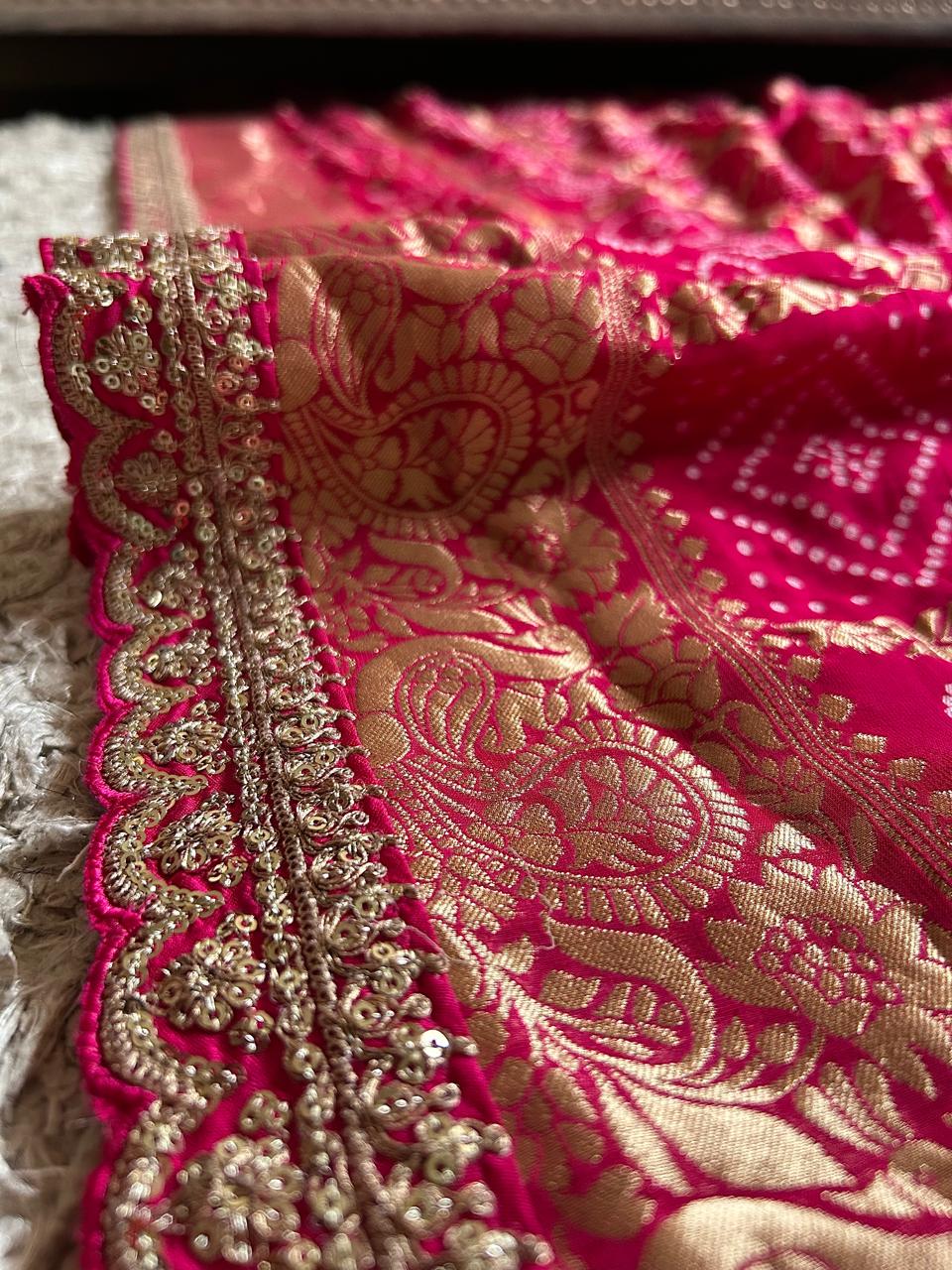 Rani Pink Premium Pure Banarasi Khaddi Georgette Silk Bandhani Saree