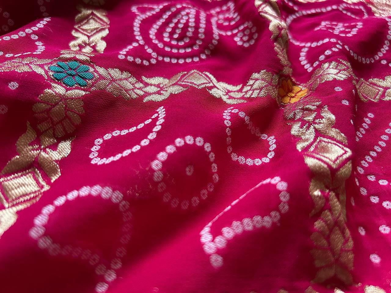 Rani Pink Premium Pure Banarasi Khaddi Georgette Silk Bandhani Saree