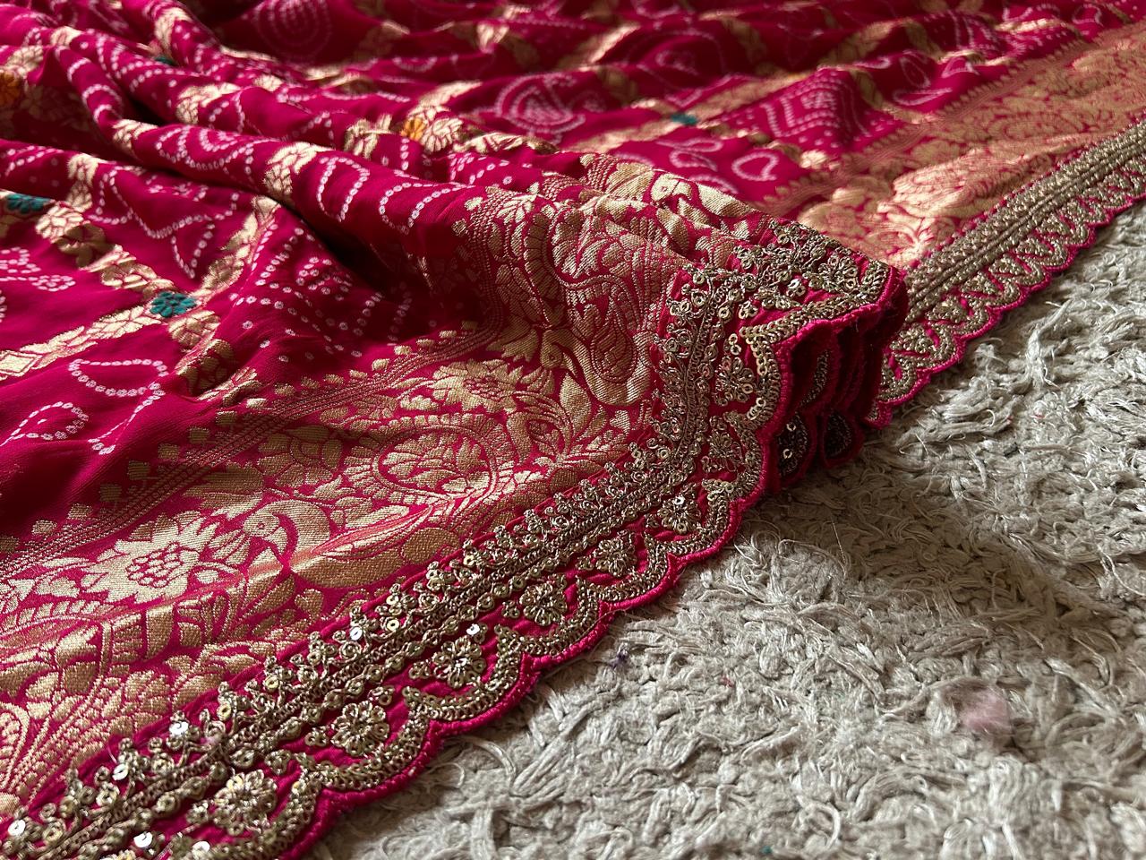 Rani Pink Premium Pure Banarasi Khaddi Georgette Silk Bandhani Saree