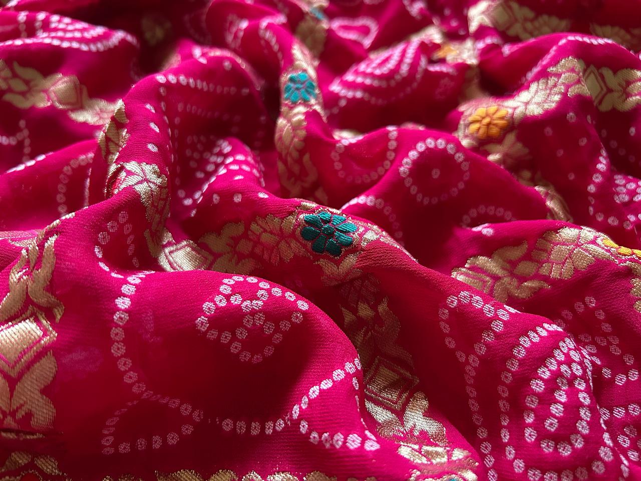 Rani Pink Premium Pure Banarasi Khaddi Georgette Silk Bandhani Saree