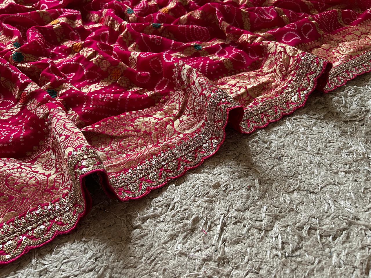 Rani Pink Premium Pure Banarasi Khaddi Georgette Silk Bandhani Saree