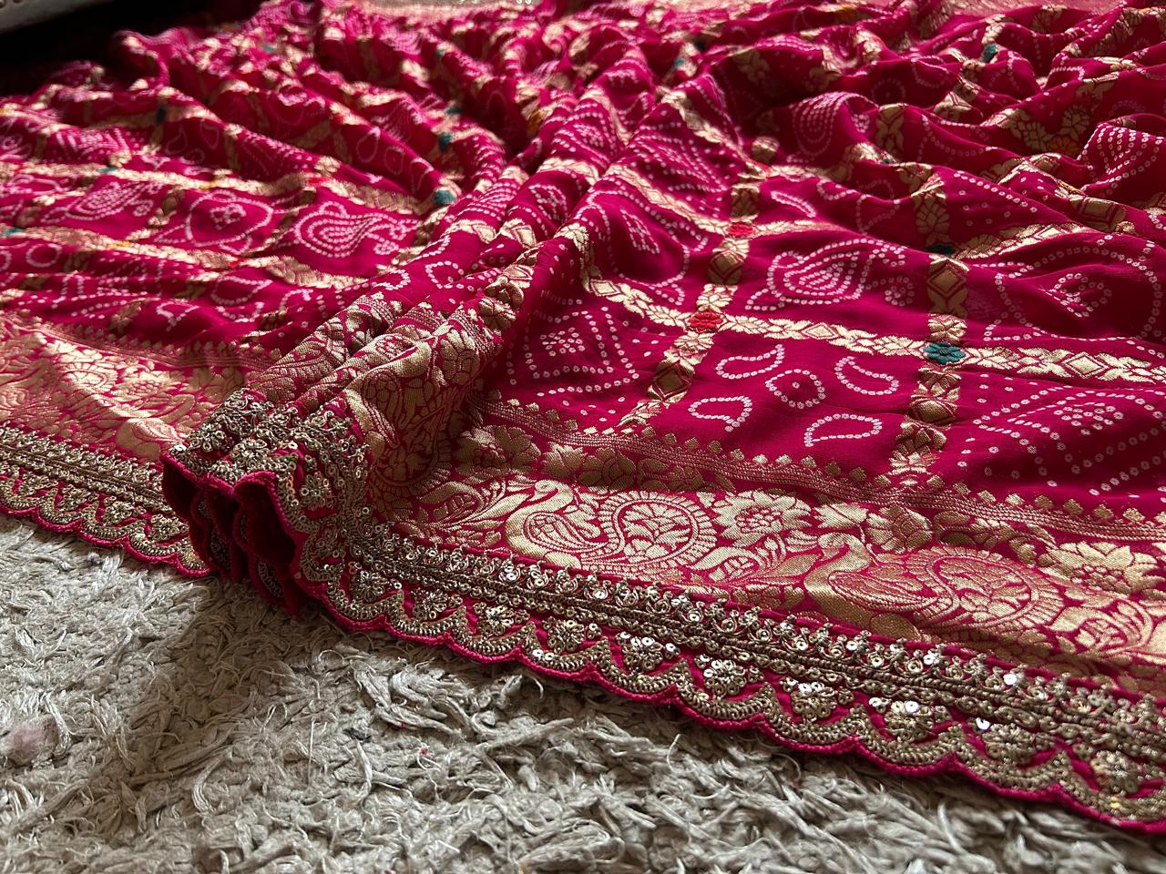 Rani Pink Premium Pure Banarasi Khaddi Georgette Silk Bandhani Saree