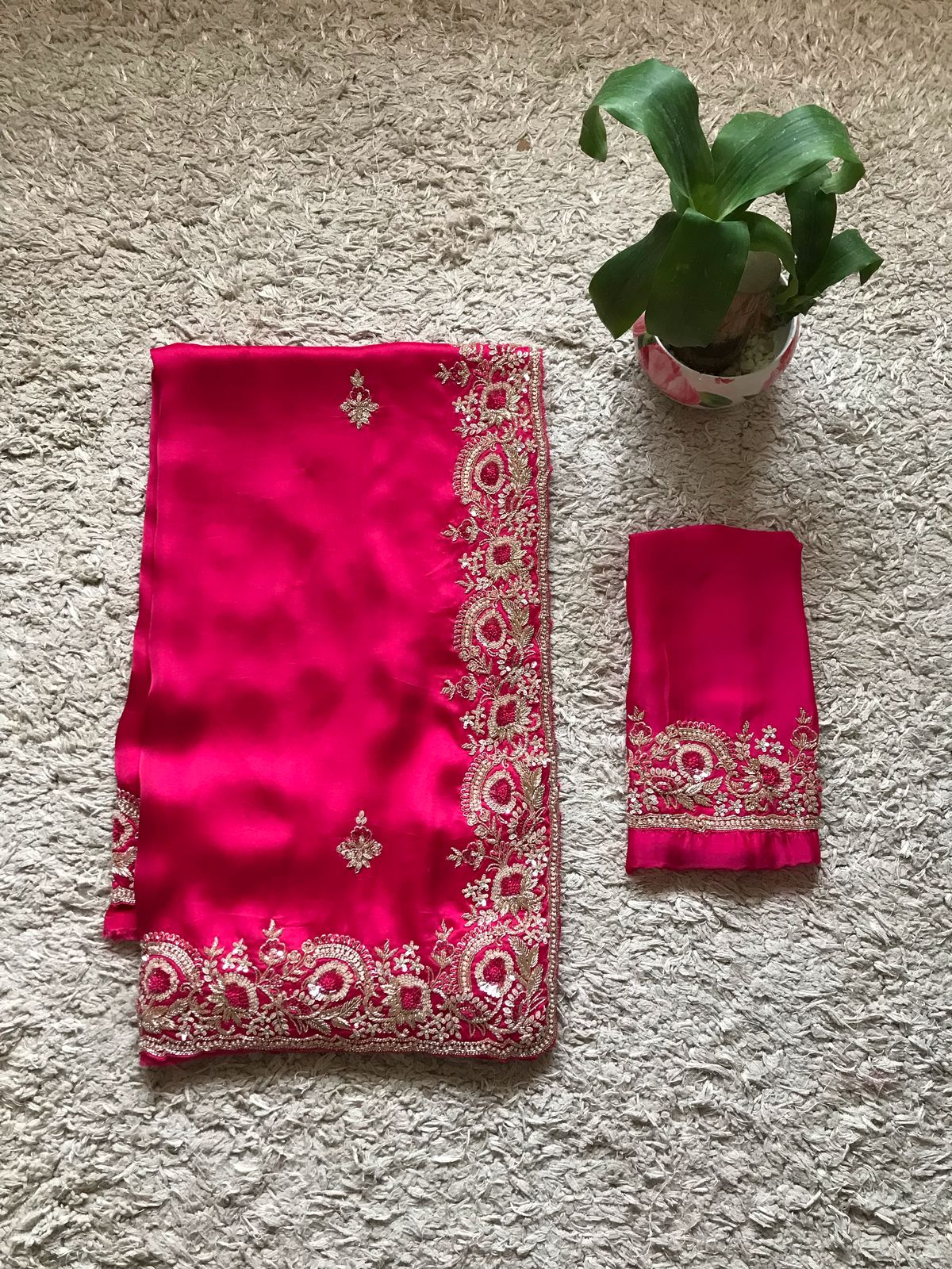 Rani Pink Premium Satin Organza Silk Saree with Zardozi Handwork