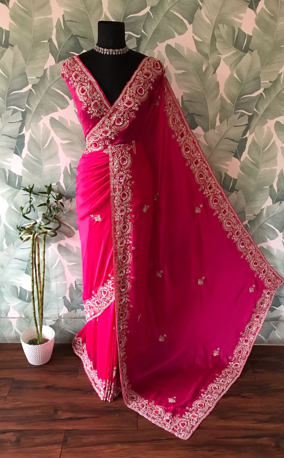 Rani Pink Premium Satin Organza Silk Saree with Zardozi Handwork