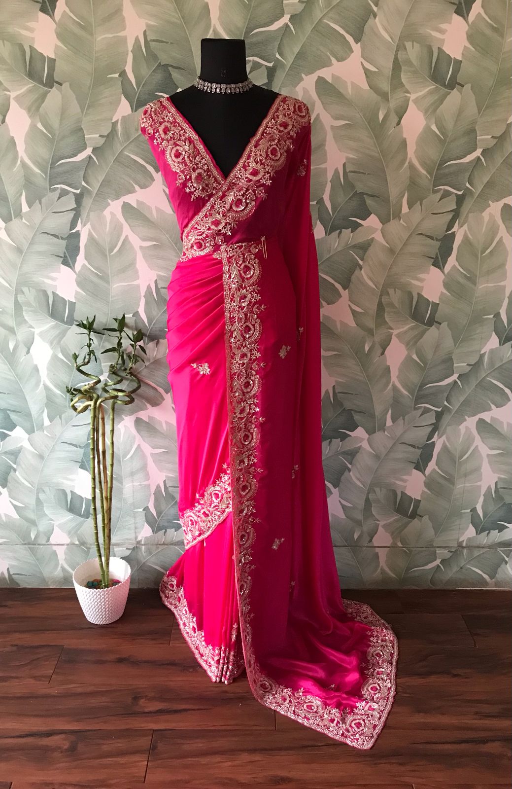 Rani Pink Premium Satin Organza Silk Saree with Zardozi Handwork