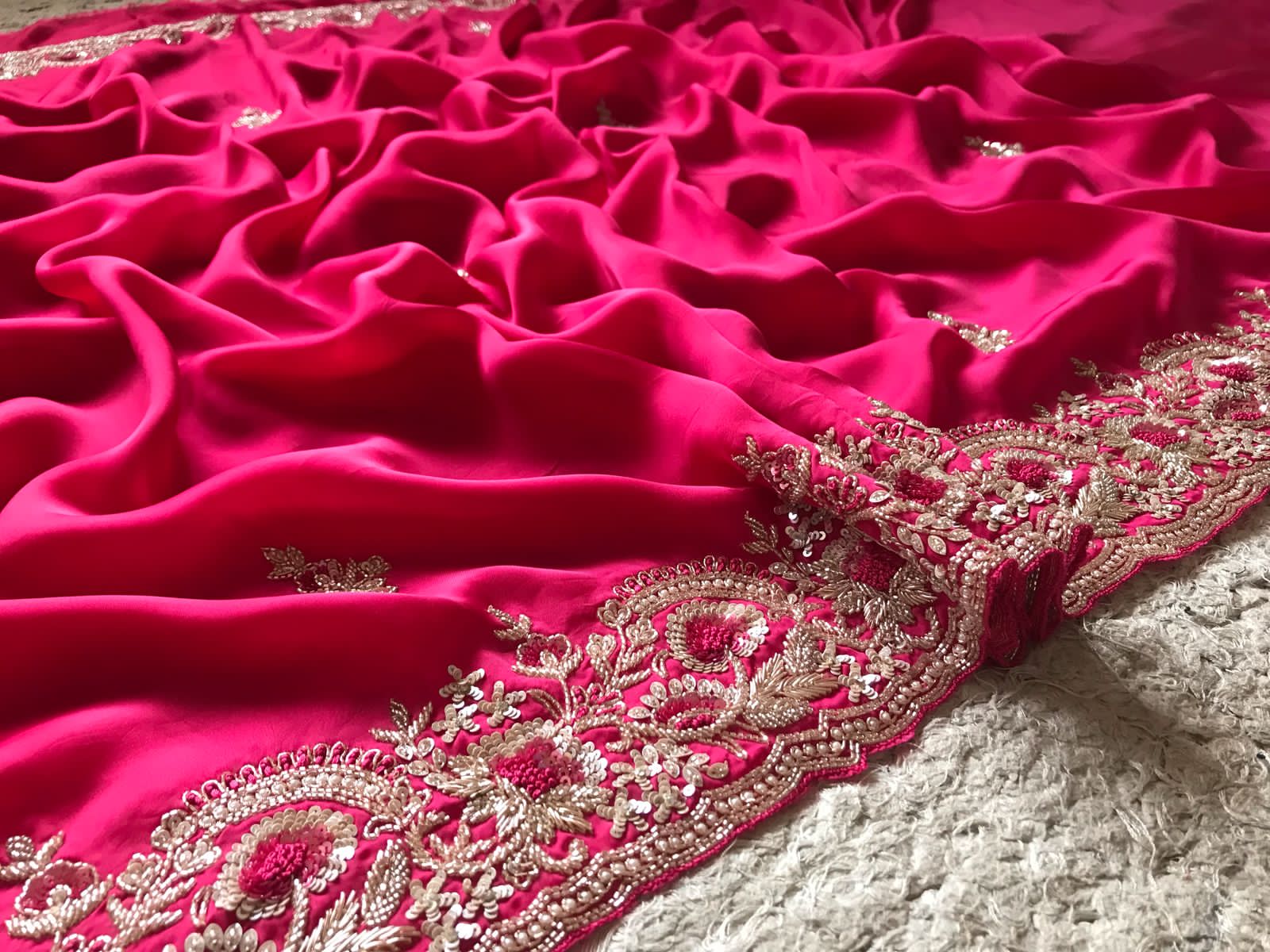 Rani Pink Premium Satin Organza Silk Saree with Zardozi Handwork