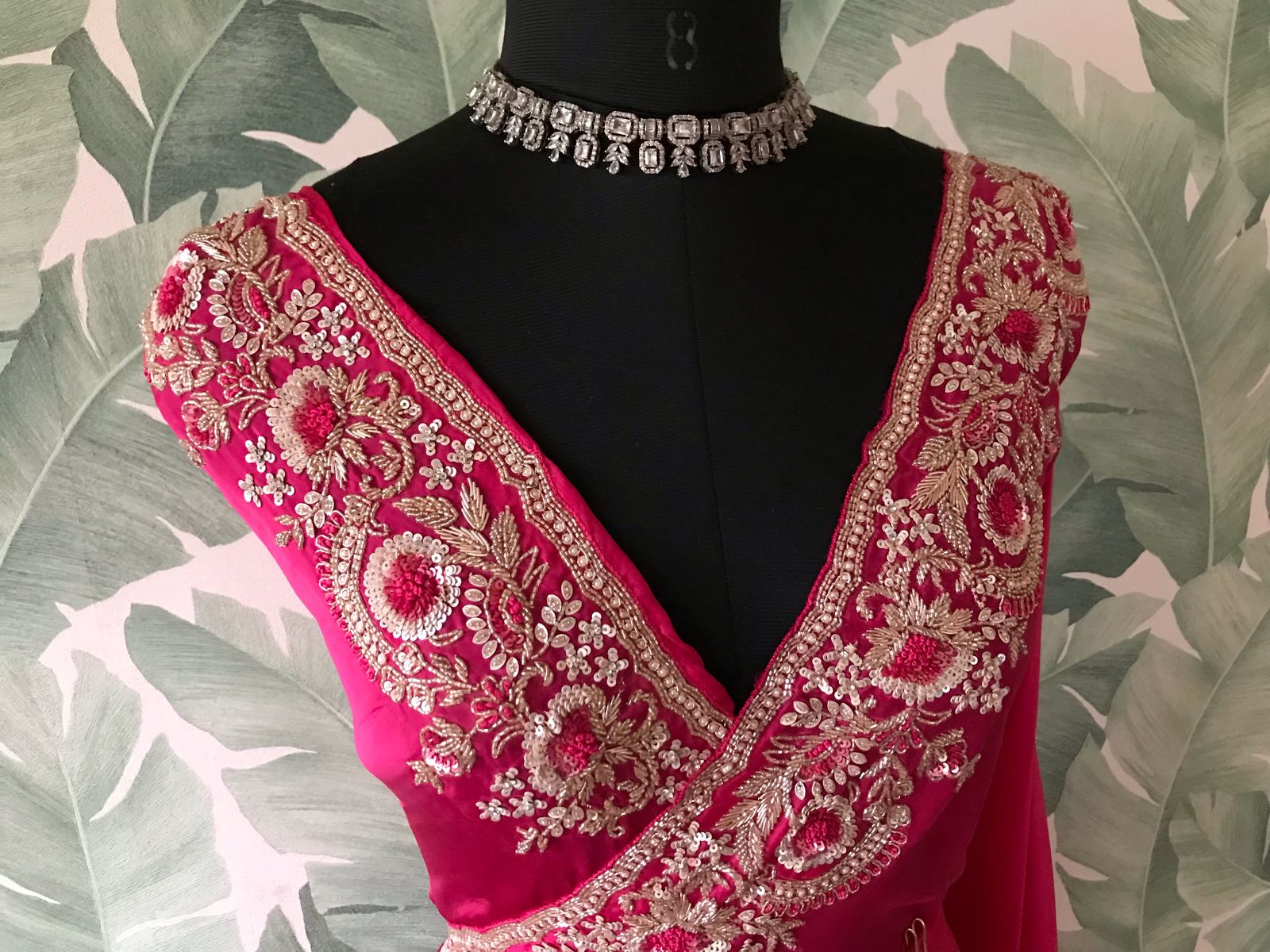 Rani Pink Premium Satin Organza Silk Saree with Zardozi Handwork