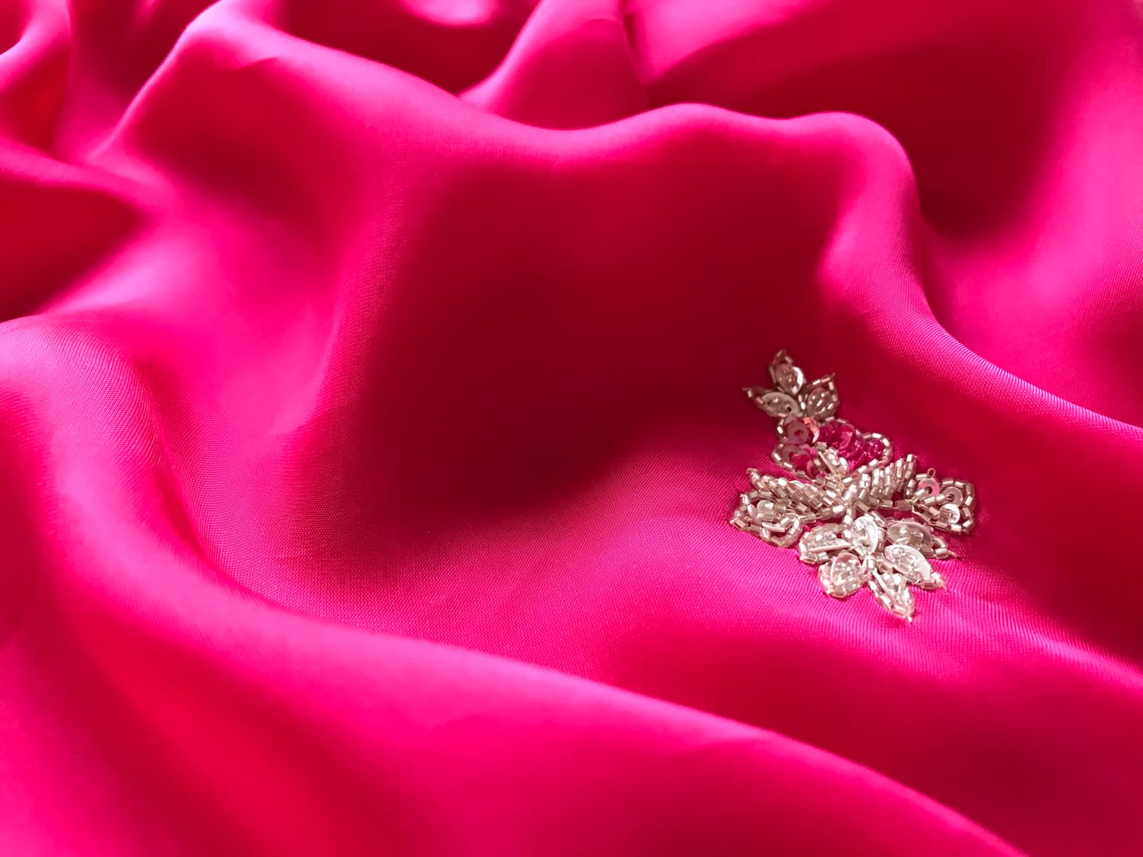 Rani Pink Premium Satin Organza Silk Saree with Zardozi Handwork