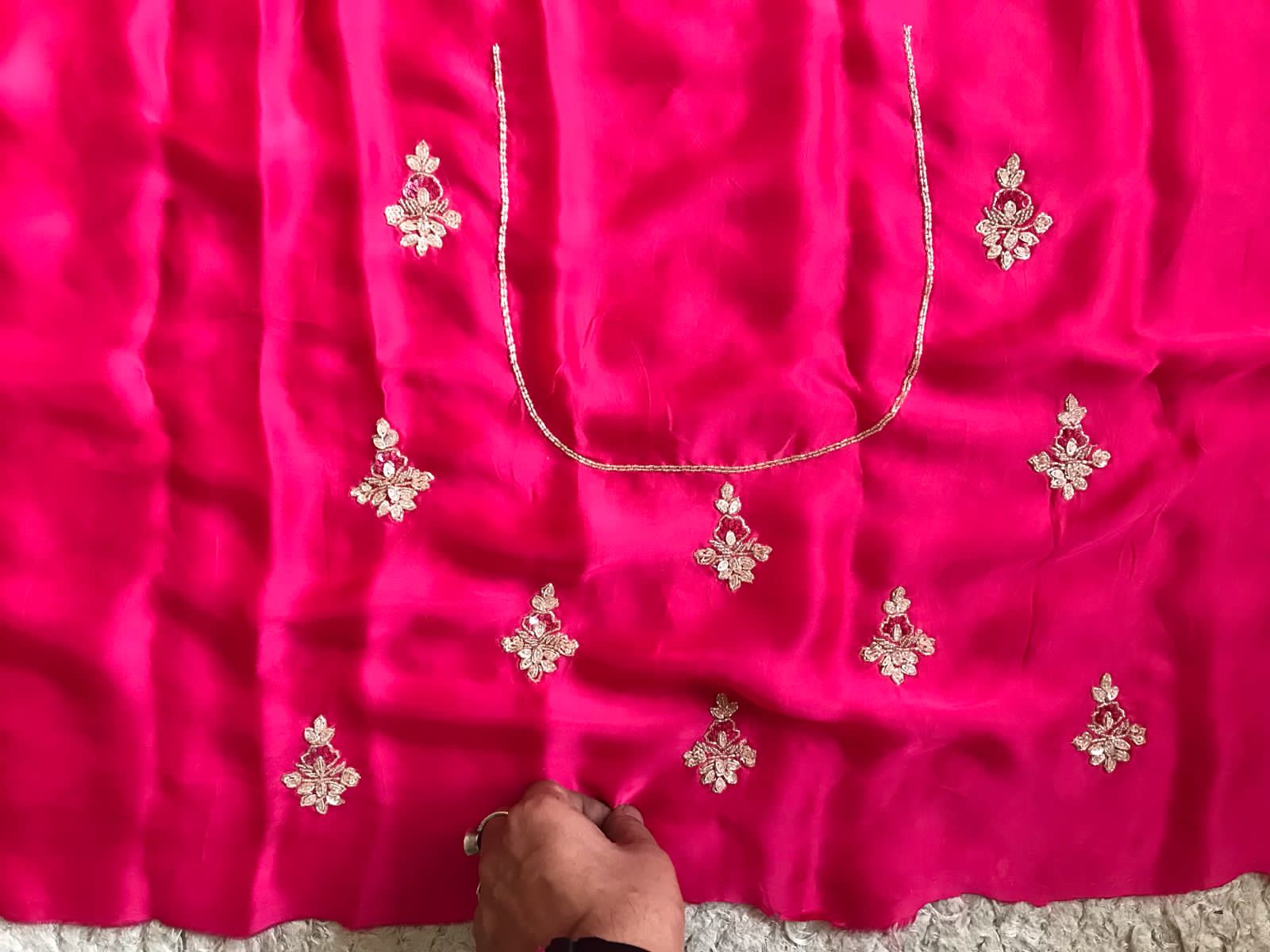 Rani Pink Premium Satin Organza Silk Saree with Zardozi Handwork