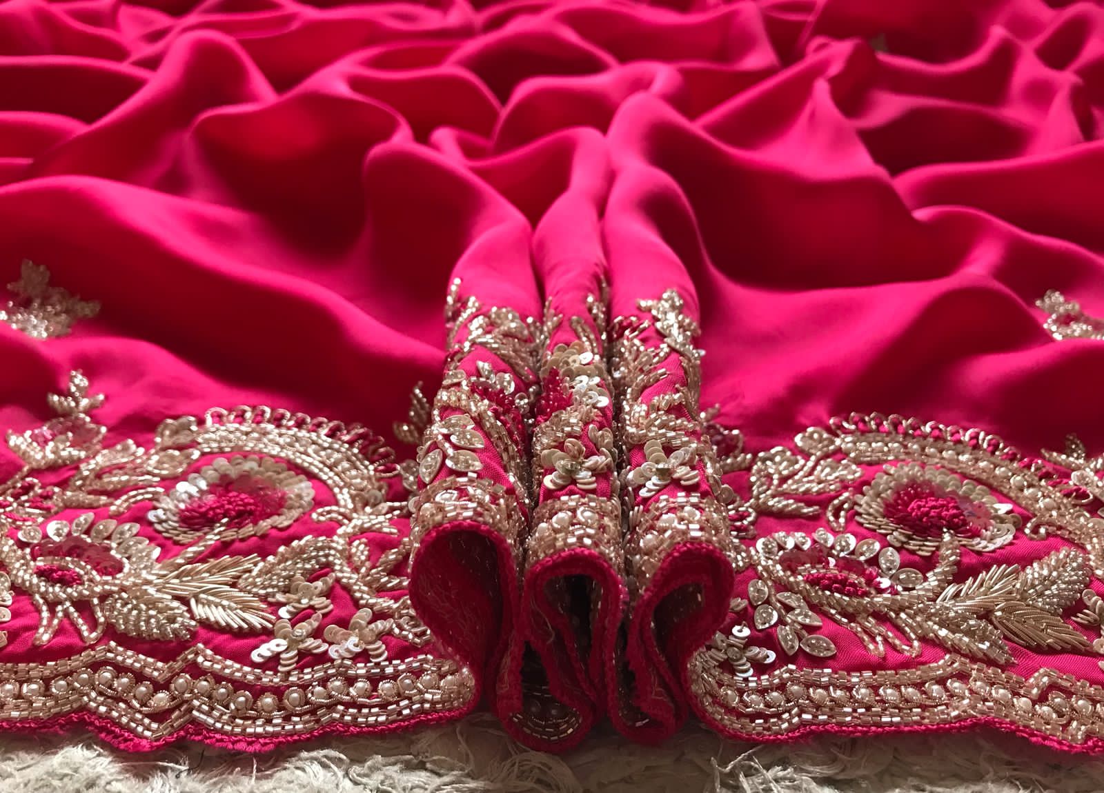 Rani Pink Premium Satin Organza Silk Saree with Zardozi Handwork